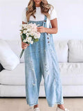 Female ClassicCasual Solid Color Ripped Denim Overall Jumpsuits