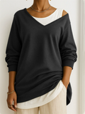 Women's Casual V-neck Long-sleeved Solid Color Pullover Loose Sweatshirts
