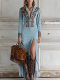 Autumn Chic Boho Style Printed Split Fringe Long Dress for Women