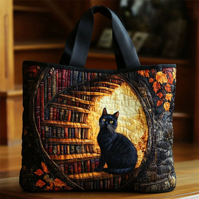 Black Cat Library Scene Quilted Canvas Tote Bag