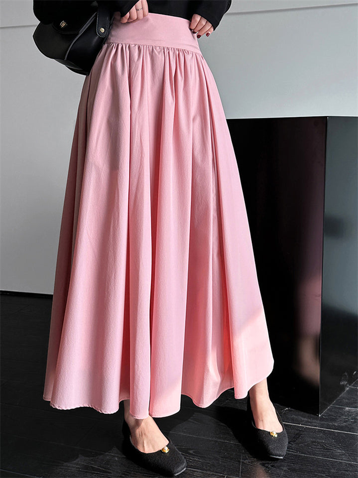 French Style Women's Solid Color A-line Pleated Maxi Skirt