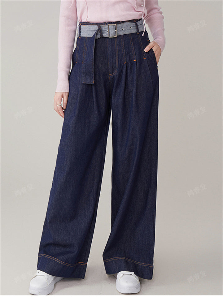Women Blue High Waisted Cotton Wide Leg Denim Pants