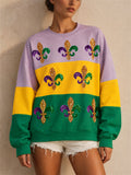 Women Mardi Gras Sweatshirt Sequin Fleur De Lis Letters Color Block Top