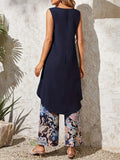 Women's Leisure Dark Blue Sleeveless Shirt + Paisley Print Pants