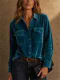 Women Velvet Long Sleeve Button Down Shirt With Pockets