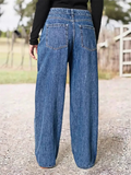 Plus Size Women's Blue Mid-Waist Loose Fit Casual Denim Pants