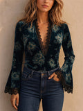 Women Vintage Floral Lace Trim V Neck Flare Sleeve Top