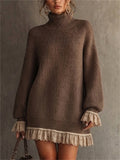 Women Oversized Turtleneck Sweater Dress with Lace Trim