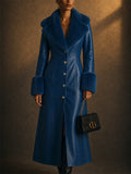 Women Vintage Faux Leather Maxi Trench Coat with Faux Fur Trim