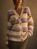 Women's Fuzzy Color Block Striped Mohair Knit Cardigan Sweater