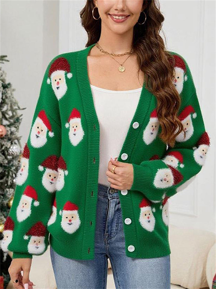 Women's Autumn Pink 3D Santa Claus V Neck Cardigan Christmas Sweaters