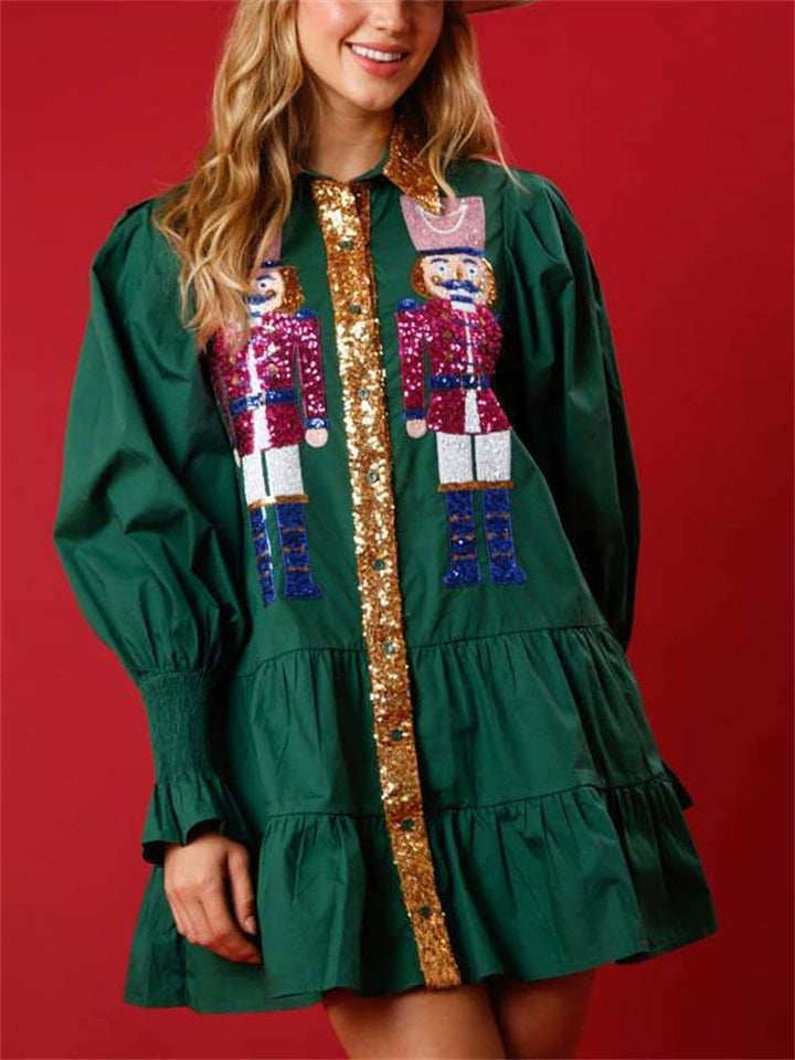 Women's Contrast Color Sequined Long Sleeve Lapel Shirt Dress