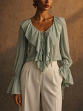 Women's Grunge Style Lace Up Ruffle Flare Sleeve V-Neck Blouses