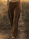 B‌rown Casual Boho Style Suede Fringe Flared Pants for Women‌