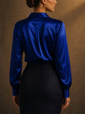 Women Elegant Royal Blue V Neck Silky Long Sleeve Satin Blouses