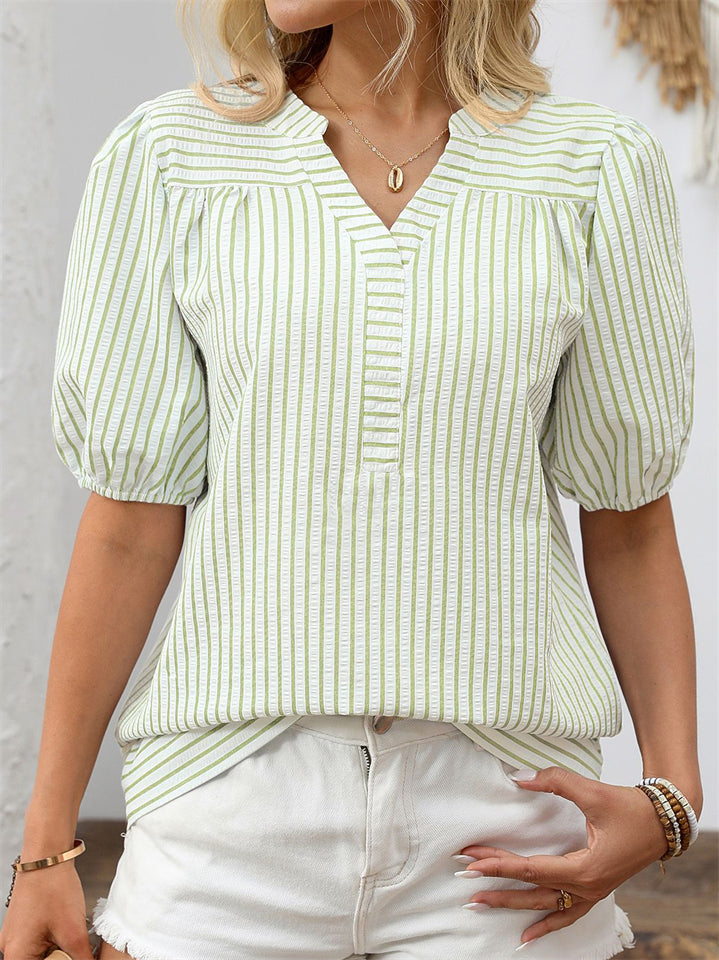 Women's Summer Striped V Neck Bishop Sleeve Shirts