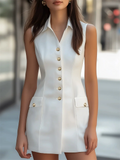 Women's Chic Summer White Single Breasted Sleeveless Slim Fit Dress