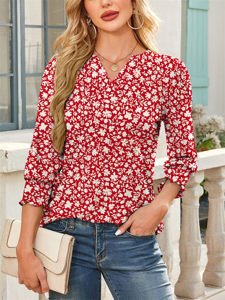 Women's Casual Print 3/4 Sleeve V Neck Shirts