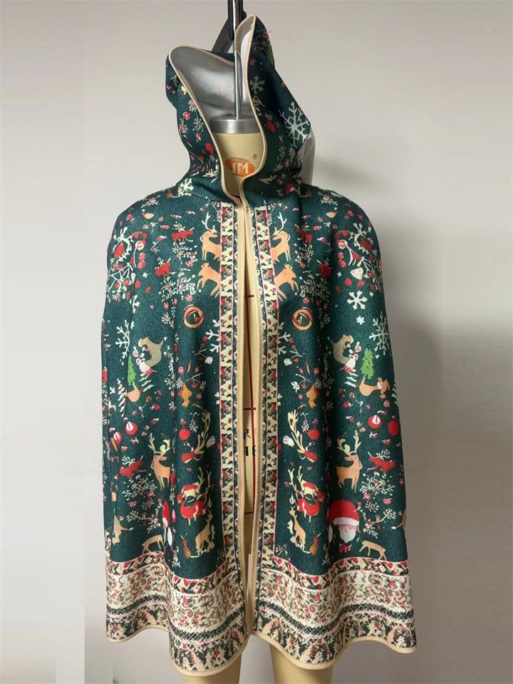 Women's Holiday Style Green Christmas Print Hooded Cloak