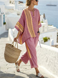 Women's 2pcs Summer Casual Contrasr Color Short Sleeve Top & Pants Set