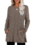 Women's Autumn Loose Round Neck Pockets Split Hem Long Sleeve Shirts