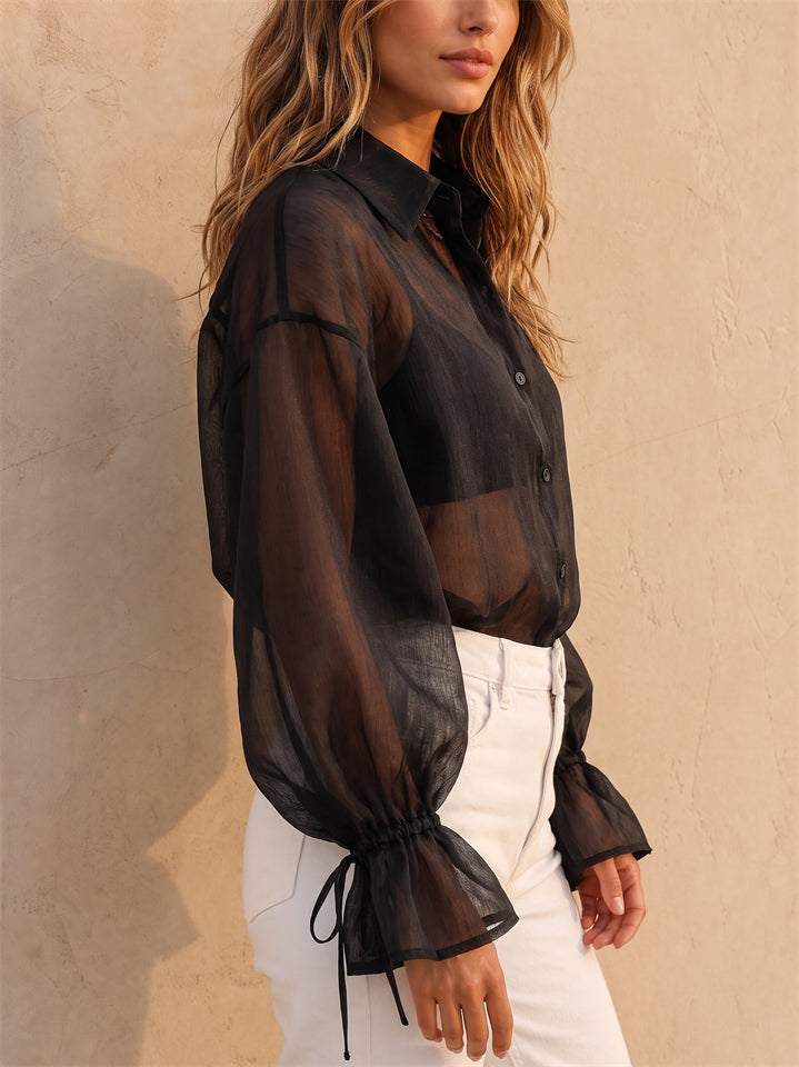 Women Black Sheer Lantern Sleeve Button Down Blouse Shirt