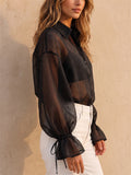 Women Black Sheer Lantern Sleeve Button Down Blouse Shirt