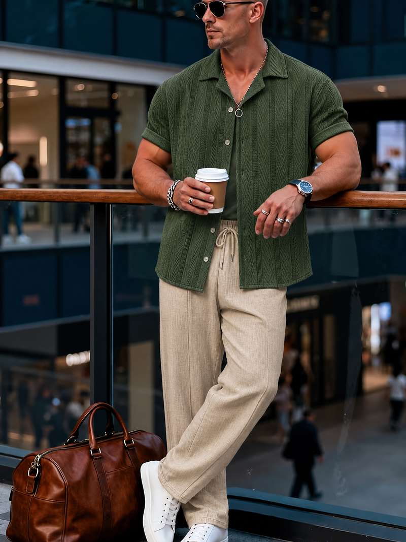Mens Casual Summer Outfit Textured Shirt and Pants Beach Set