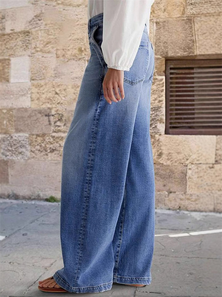 Women's Trendy High Waist Blue Wide Leg Bootcut Denim Pants