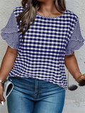 Women's Summer Plaid Round Neck Short Sleeve Shirt