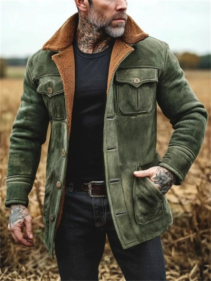‌Men's Winter Warm‌ Green Single Breasted Suede Fleece Lined Coat