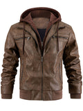 Men's Retro Streetwear Faux Leather Drawstring Thermal Lined Hooded Coats