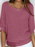 Casual Solid Color Round Neck 3/4 Sleeve Sweater for Women
