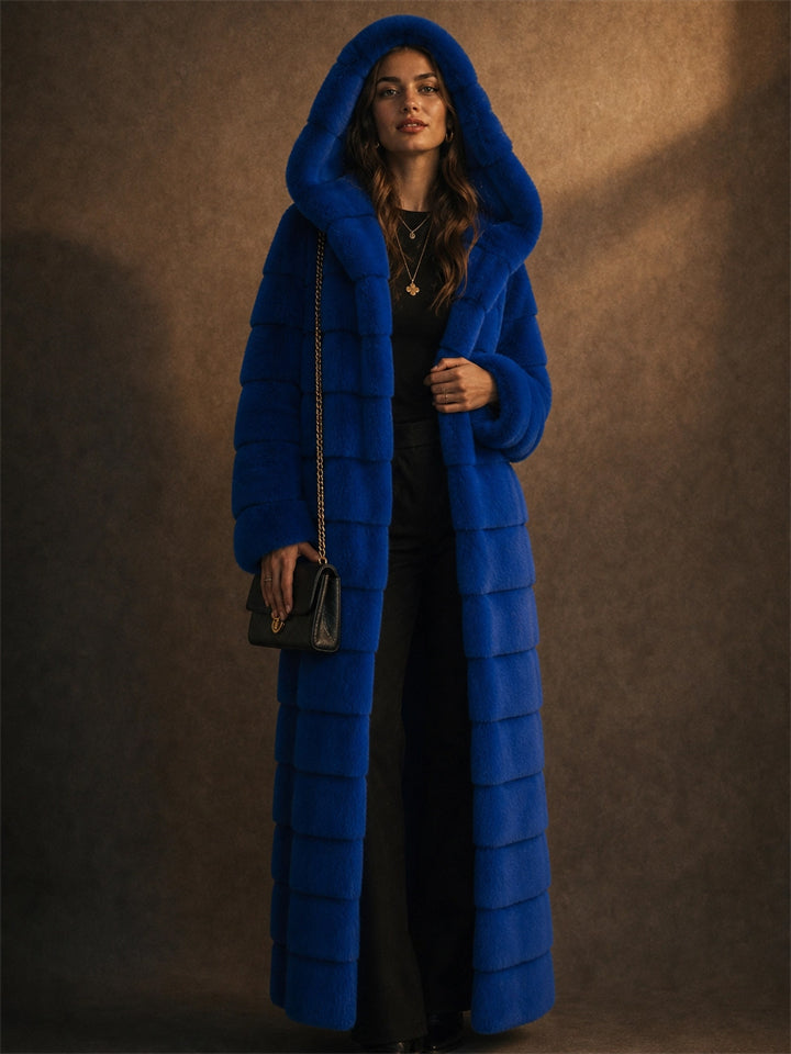 Extra Cozy Warm Faux Fur Open Front Pocket Hooded Long Coat