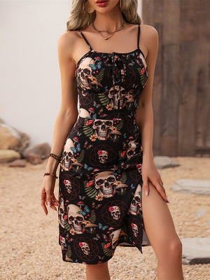 Evil Rose Skull Print Strappy Drawstring High Split Dress for Women