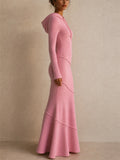 Women Pink Ribbed Hooded Long Sleeve Bodycon Maxi Dress
