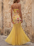 Women's Trendy Yellow Butterfly Strapless Mesh Mermaid Hem Maxi Dress