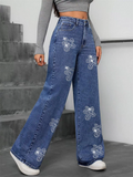 ‌Women's Streetwear Embellished 3D Floral Rhinestone Wide Leg Denim Pants