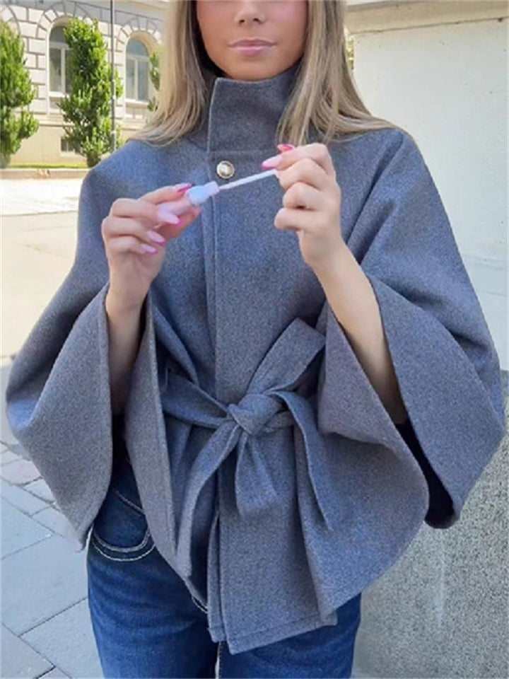 Women's Solid Color Stand Collar Tie-waist BatWing Sleeve Coats