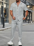 Men's Solid Color Waffle Lapel Cargo Top and Pants Set