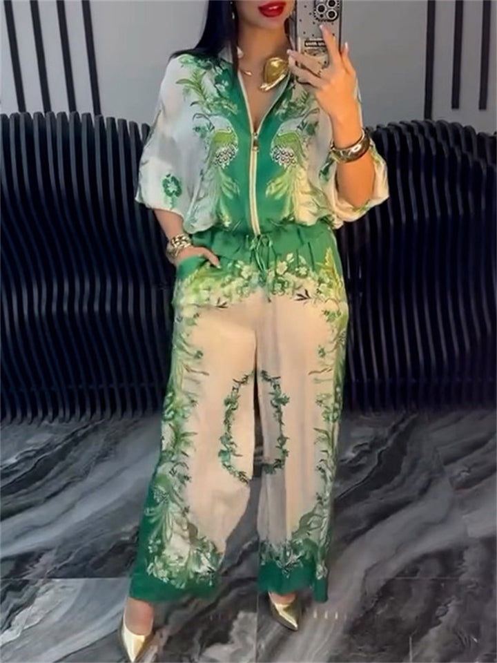 Women's 2Pcs Flowers Print Zip Up Drawstring Long Sleeve Shirt & Pants Set