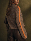Women Marled Knit Contrast Stripe Mock Neck Sweaters