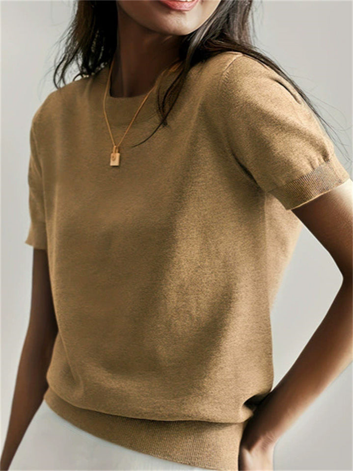 Women's Soft Knitted Round Neck Short Sleeve Casual Top
