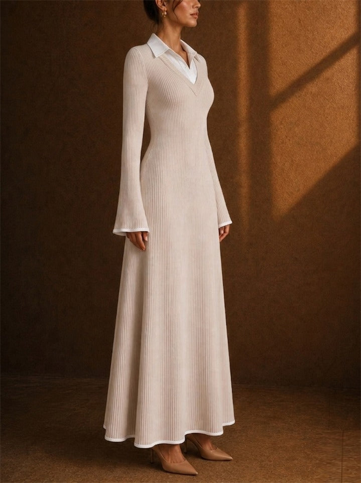 Women Beige Ribbed Knit Collared V Neck Casual Office Flare Maxi Dress