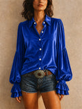 Women Velvet Ruffle Blouse Long Sleeve Button Down Shirt