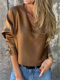 Ladies' Elegant Solid Color V Neck Satin Long Sleeve Blouses
