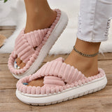Cute Fluffy Candy Color Cross Strap Home Slippers for Women