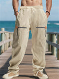 Men's Casual Drawstring Mid-Waist Wide Leg Beach Trousers with Zip Decor