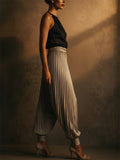 Women Khaki High Waist Boho Chic Pleated Harem Pants