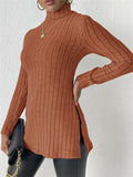 Women's Solid Color Pit Stripe High Neck Slim Fit Split Long-sleeved Sweaters